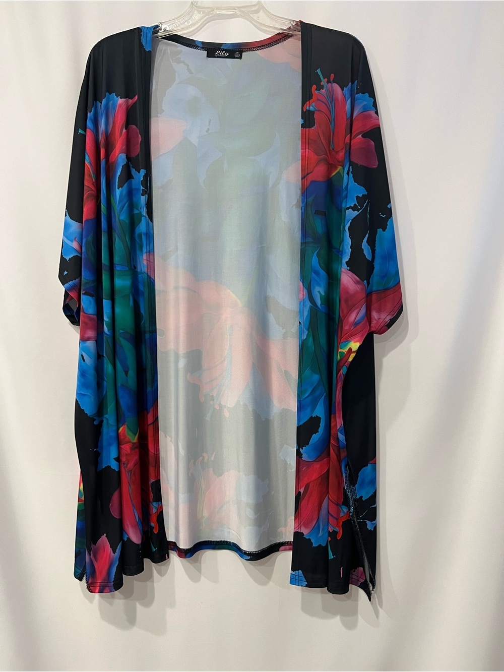 Women’s Floral Open Front Kimono Cardigan - Black with Blue & Pink Floral